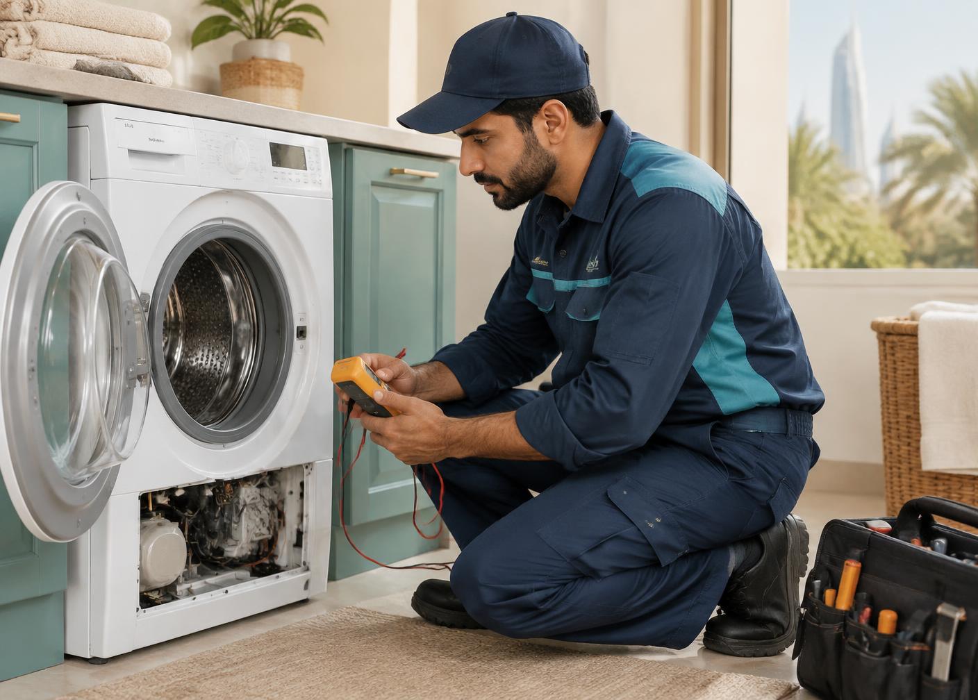 فني صيانة يفحص غسالة أوتوماتيك داخل منزل في الرياض